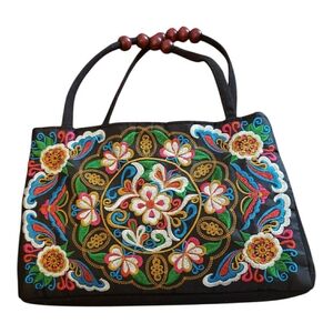 Women's med fun floral tote bag - double-sided ethnic floral purse with zipper.